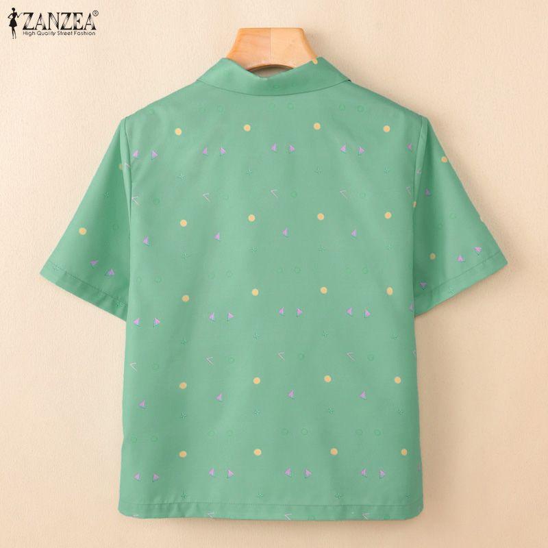 ZANZEA Women Casual Turn Down Collar Short Sleeve Print Blouse