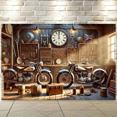 Retro Motorcycle Workshop Background - Wall Decoration with Classic Road Scenes, Perfect for Living Rooms and Bedrooms
