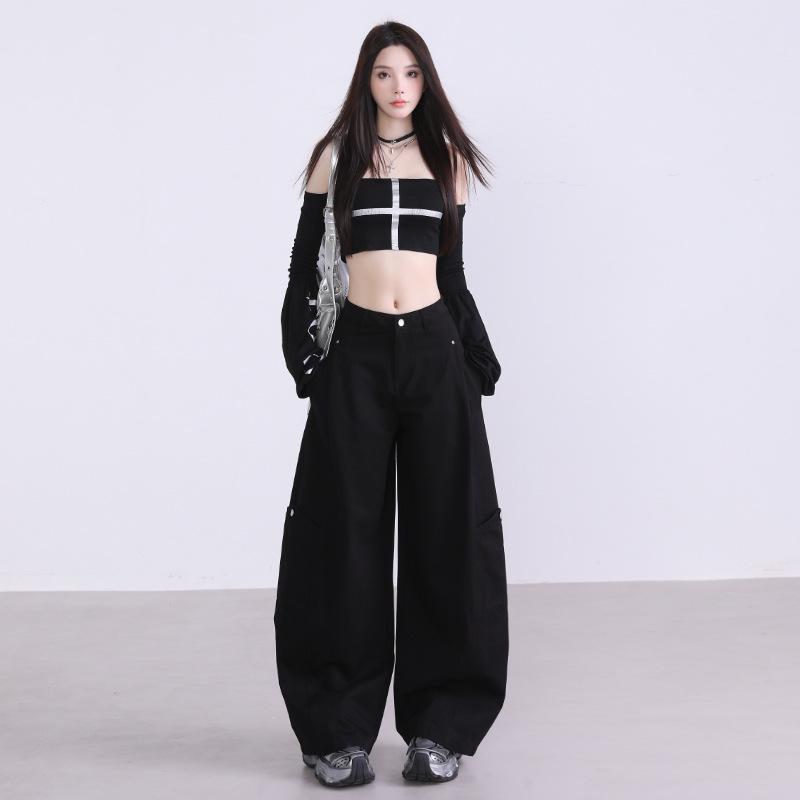 2025 Autumn Women's Spliced Wide-Leg Cargo Pants with Large Pockets