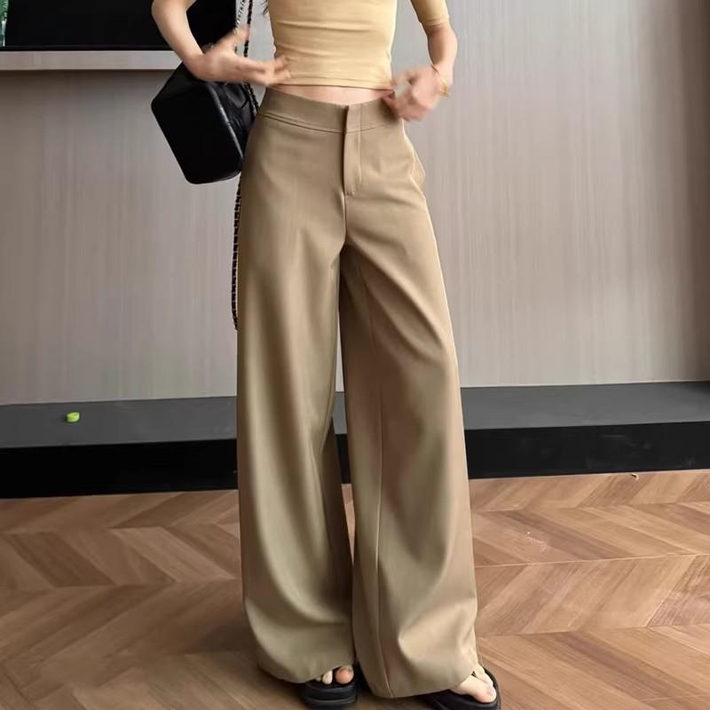 Women's Gray Wide-Leg High-Waisted Trousers - Korean Western Style, Loose Drape, Floor-Length for Spring & Autumn