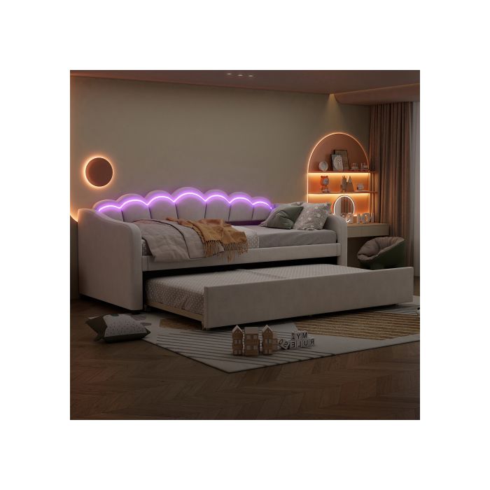 Lit De Jour - Daybettt - 90x200 Cm - Lit Escamotable - Flanelle Et MDF - LED Réglable