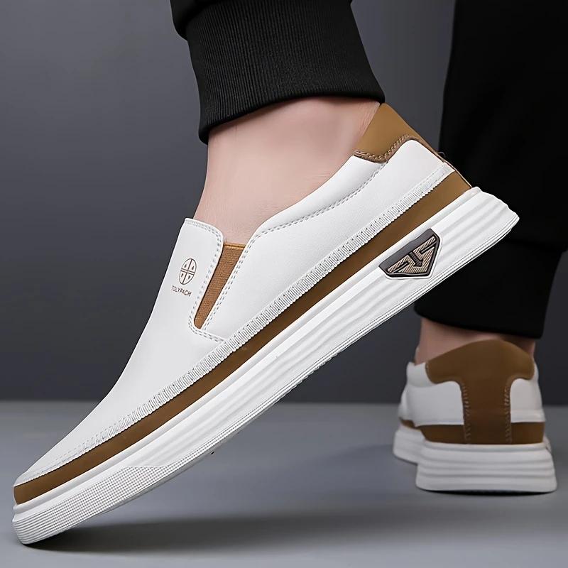 White Leather Shoes Men's Slip-on Soft Sole Fashion Sports Casual Shoes