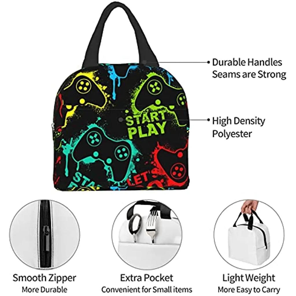 Colorful Joystick Game Lunch Bag Compact Tote Bag Reusable Lunch Box Container for Women Men School Office Work Picnic