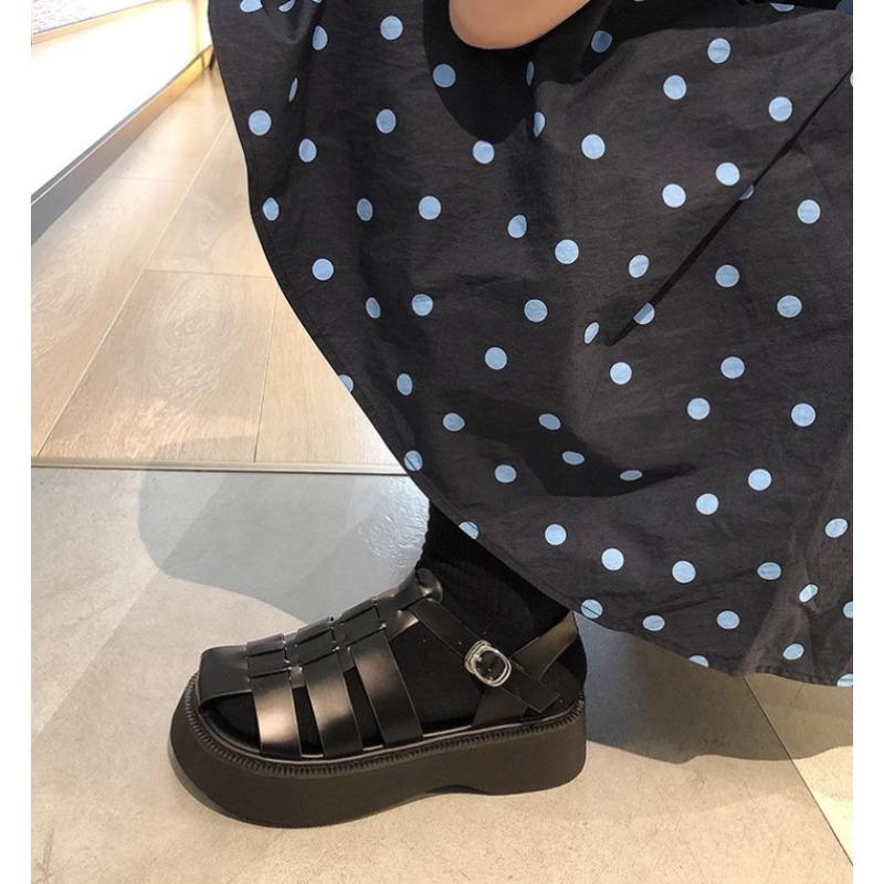 Summer Genuine Leather Thick-soled Mid-heeled Sandals Casual Comfortable Women's Shoes Hollow Pig Cage Women's Sandals