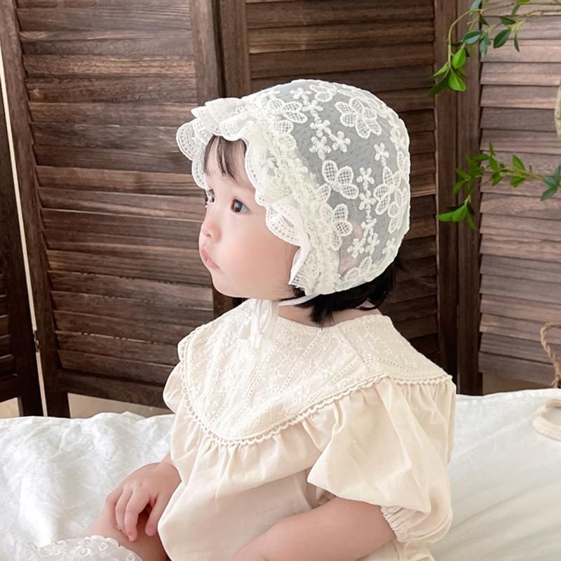 Lace Flower Baby Hat Embroidered Floral Ruffle Princess Bonnet Newborn Photography Props Sweet Infant Girls Mesh Sun Cap