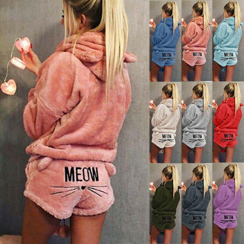 Womens Fleece Cat Fluffy Warm Pjs Pyjamas Sleepwear Nightwear Set Outfit Pajamas