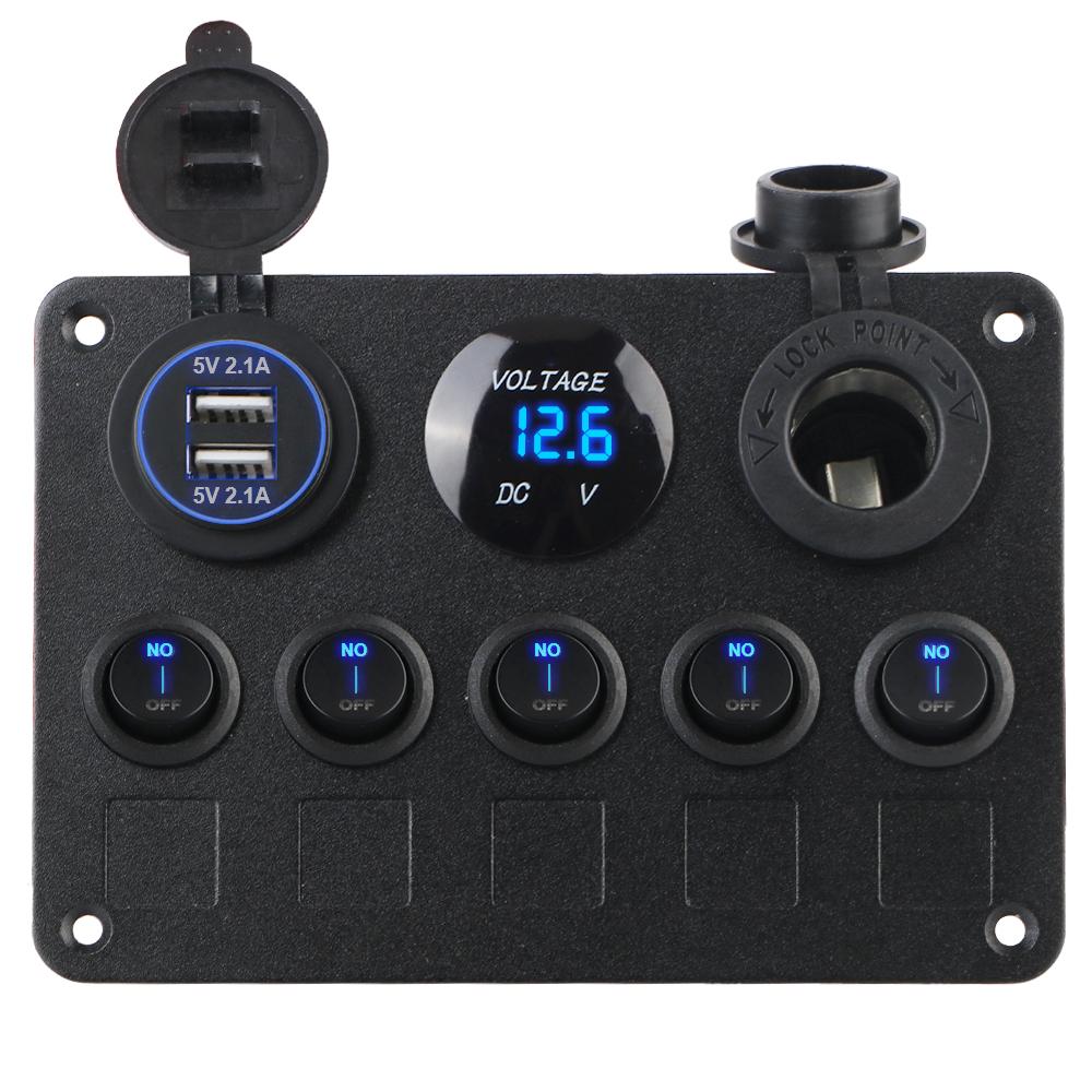 5 Gang Car Switch Panel Car Accessories Marine LED Rocker 12V Outlet Combination Boat Switch Panel Dual USB Port Waterproof Digital Voltmeter