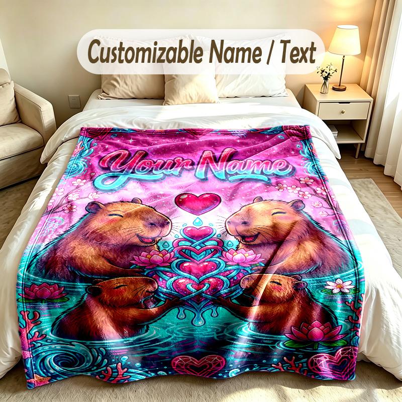 Capybara Theme Soft Blanket Personalized Custom Name Text Print Warm Blanket Home Sofa Bedroom Decor