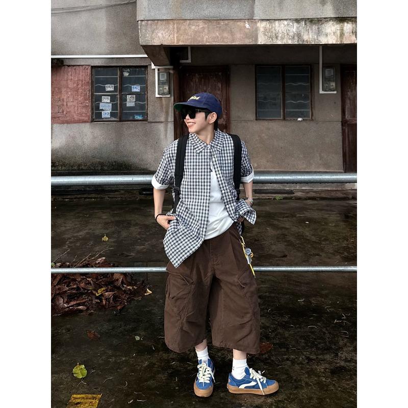 XBRO American Retro Pleated Summer Scimitar Loose Shorts Cargo Pants Cropped Pants Multi-pocket Men's and Women's Wide-leg Pants