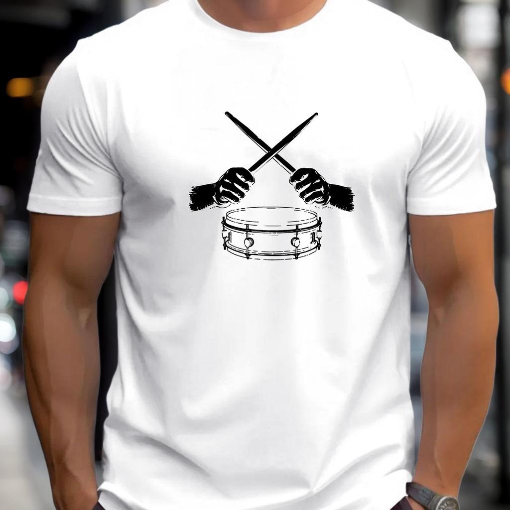 Men Drumming Graphic Casual T-Shirt Green with White Drumsticks Cymbals Print Summer Short Sleeve Round Neck