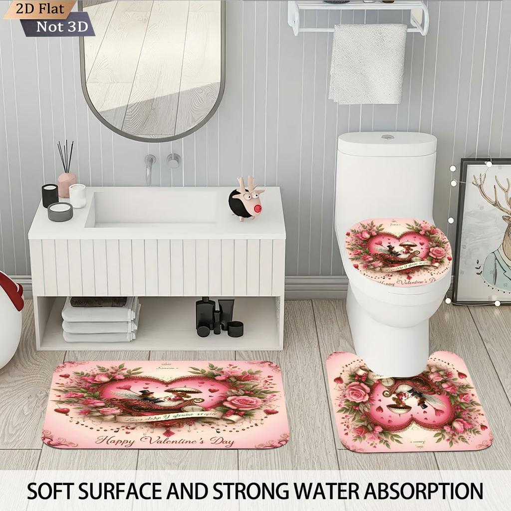 4pcs Valentine's Day Romantic Rose Flower Printed Bathroom Set Waterproof Shower Curtain Floor Mat Toilet Mat U-Shaped Mat