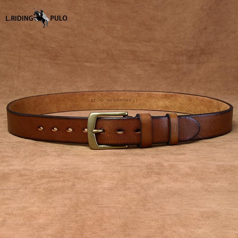 Men's Genuine Leather Belt with Pin Buckle, Retro Pure Copper, Simple and Versatile Jeans Belt