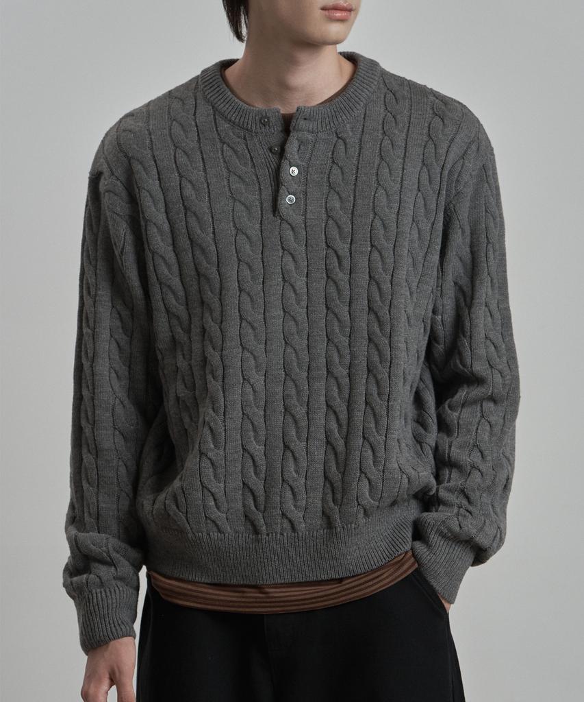 WORK ON BODY OFF Tord Semi-Overfit Cable Henley Neck Knit [Gray]