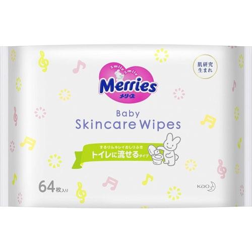 Kao Merries Sururin Kirei Baby Wipes, Flushable, 64 Wipes X 2 Packs, Cleans Dirt Without Rubbing, Mildly Acidic, Alcohol-Free, Fragrance-Free, Suitabl