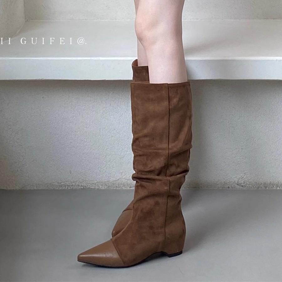 Pointed Boots Women's Inner Height Increase Retro 2025 New Thick Heel Pile Boots But Knee High Knight Boots