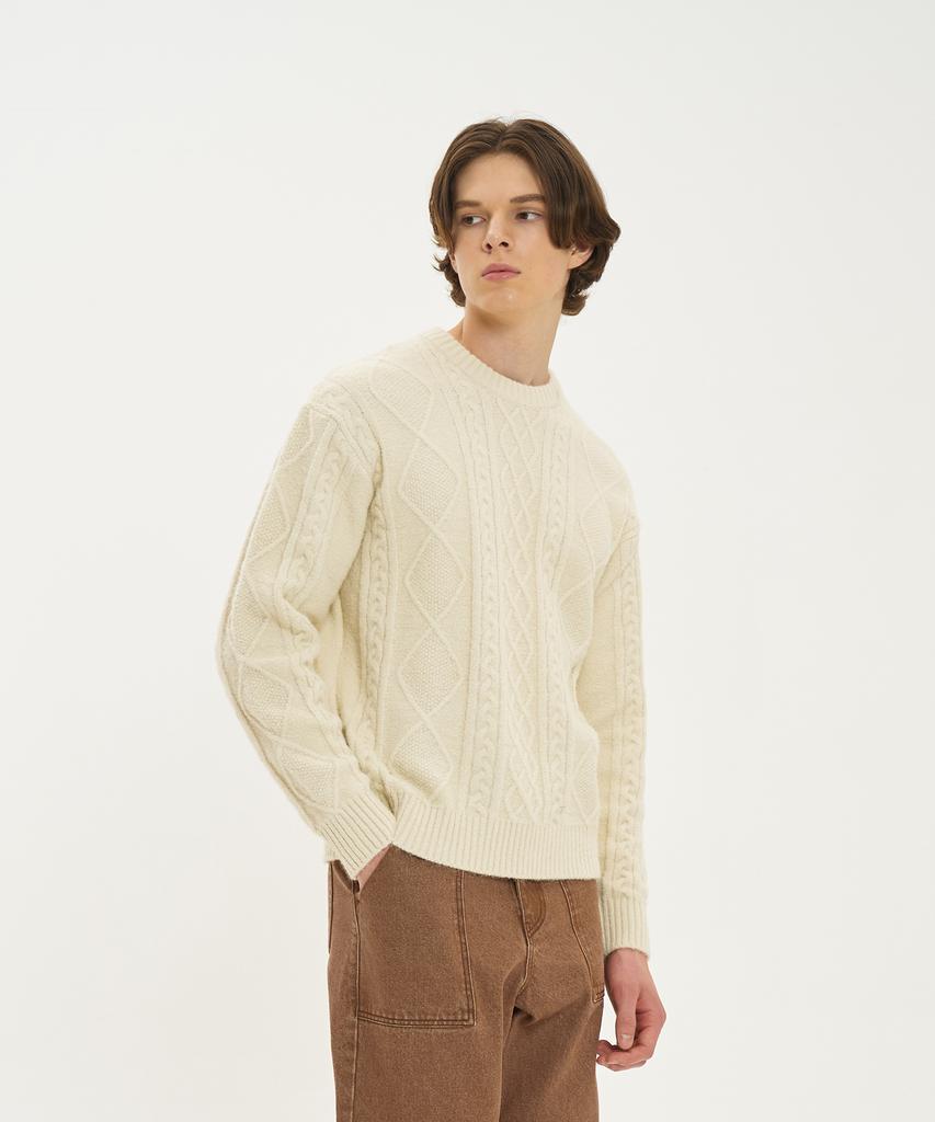 BLOND9 Wool Fisherman Knit Sweater_Cream