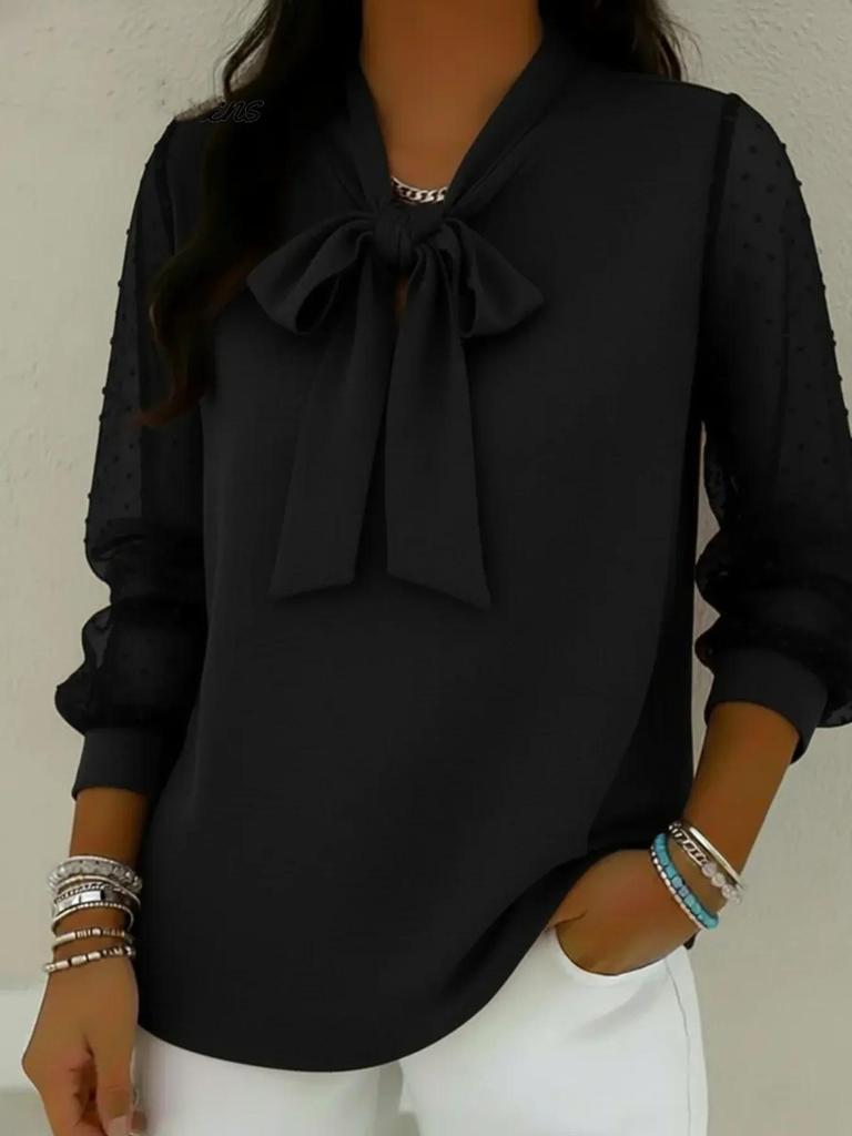 2026 Women's Solid Color Bow Chiffon Patchwork Shirt