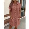 Women's Summer Cotton Shirt Dress Short Sleeves Button Down Knee Length Dresses Casual Loose Mini Dress with Pockets