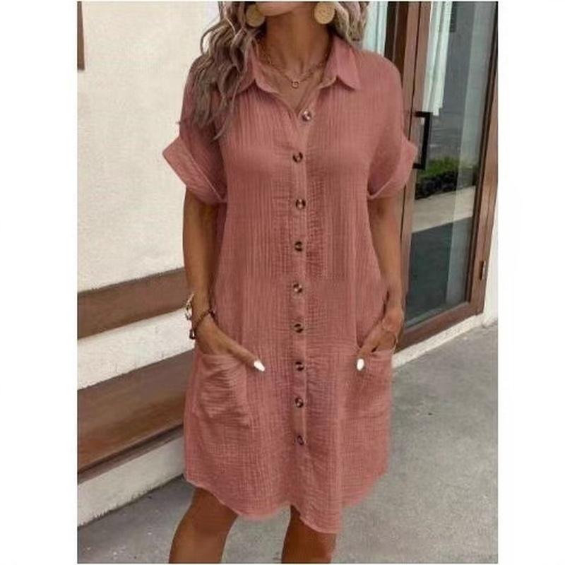 Women's Summer Cotton Shirt Dress Short Sleeves Button Down Knee Length Dresses Casual Loose Mini Dress with Pockets