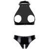 Women's PU Leather Hollow Out Lingerie 2 Piece Sexy Bra and Panty Sets
