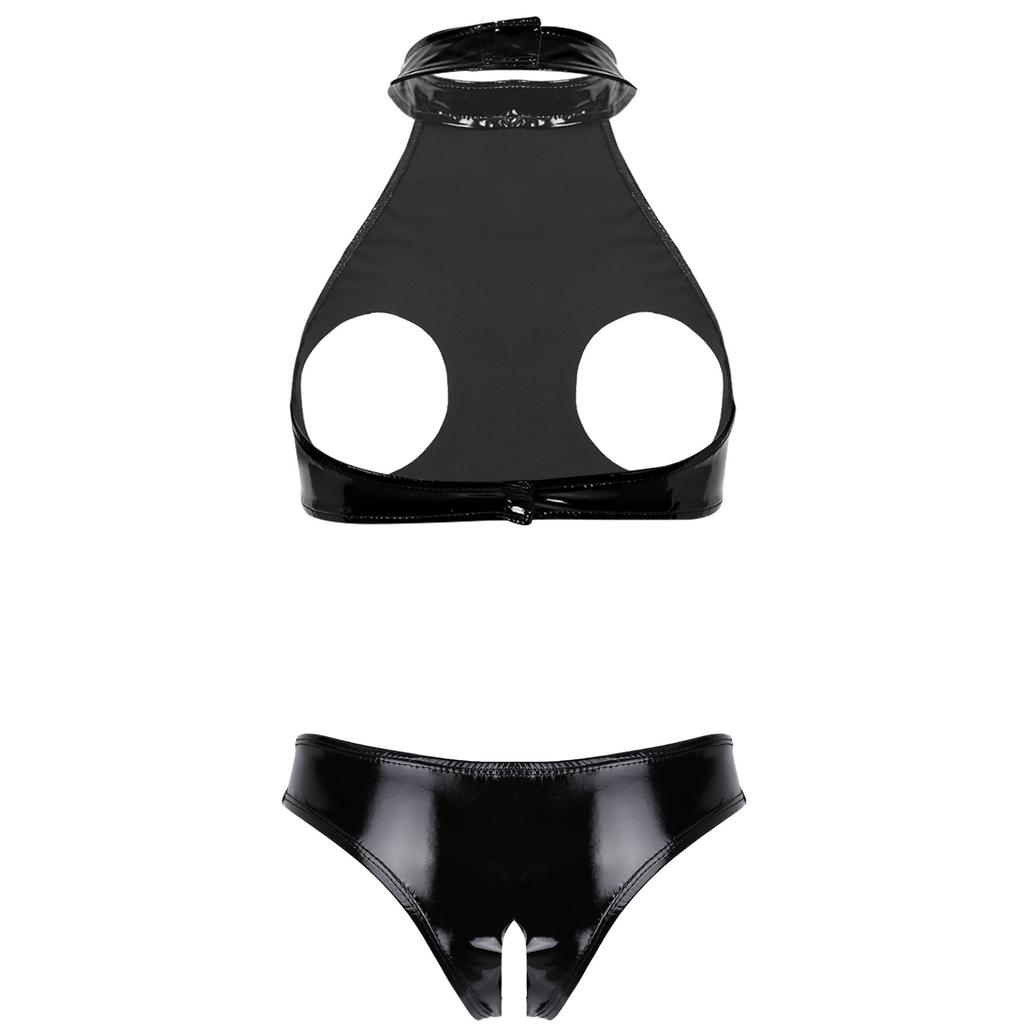Women's PU Leather Hollow Out Lingerie 2 Piece Sexy Bra and Panty Sets