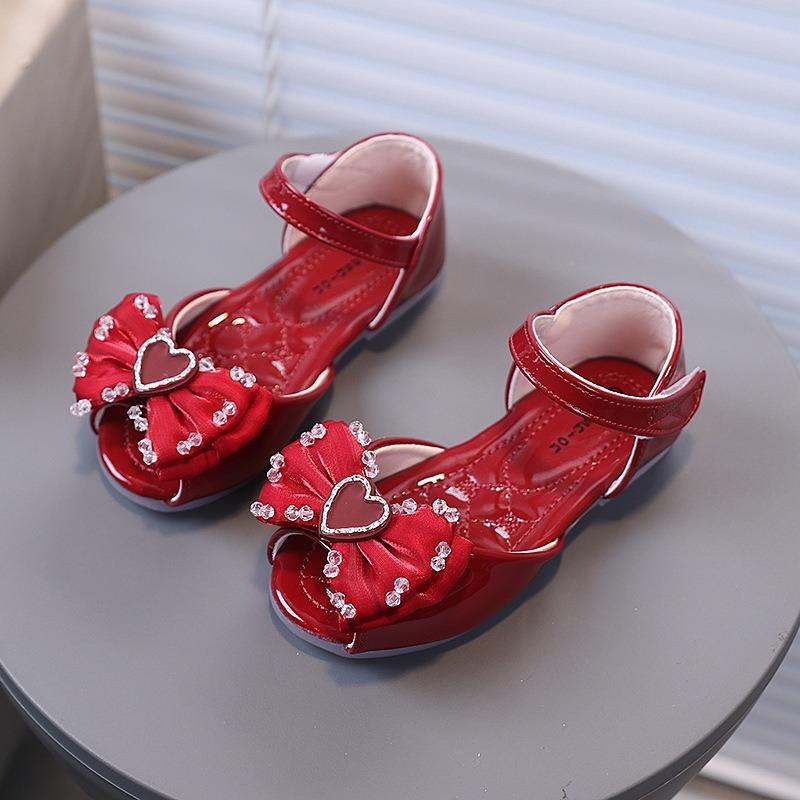 Girls' Heart Rhinestone Bow-Decorated Patent Leather Soft-Sole Princess Shoes / Fish-Mouth Children's Princess Sandals