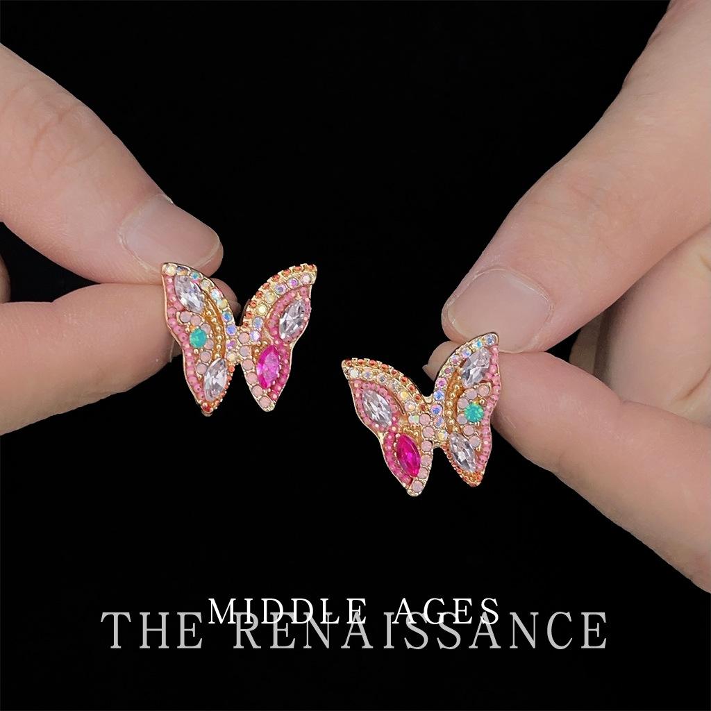 Light luxury colored treasure full diamond butterfly stud earrings retro literary and artistic collection earrings zircon earrings