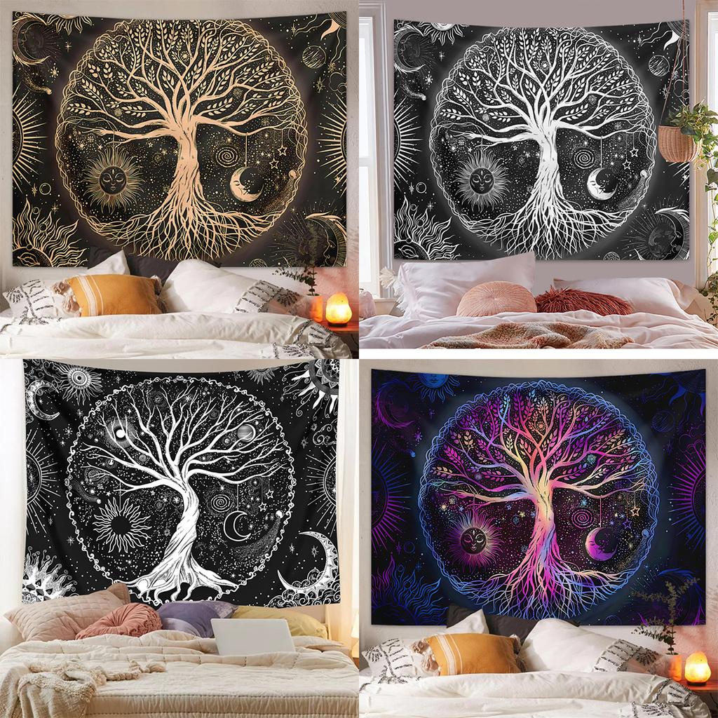 1pc Tree of Life Tapestry Wall Hanging, Aesthetic Galaxy Sun Moon Starry Sky Tapestry, Home Living Room Bedroom Decoration