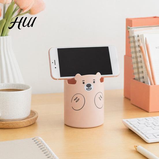 Study Table Pen Holder Cute Bear 2-in-1 & Phone Stand, Macaron Colors Desk Organizer, Large Organizer Capacity Storage for Pens Makeup Brushes