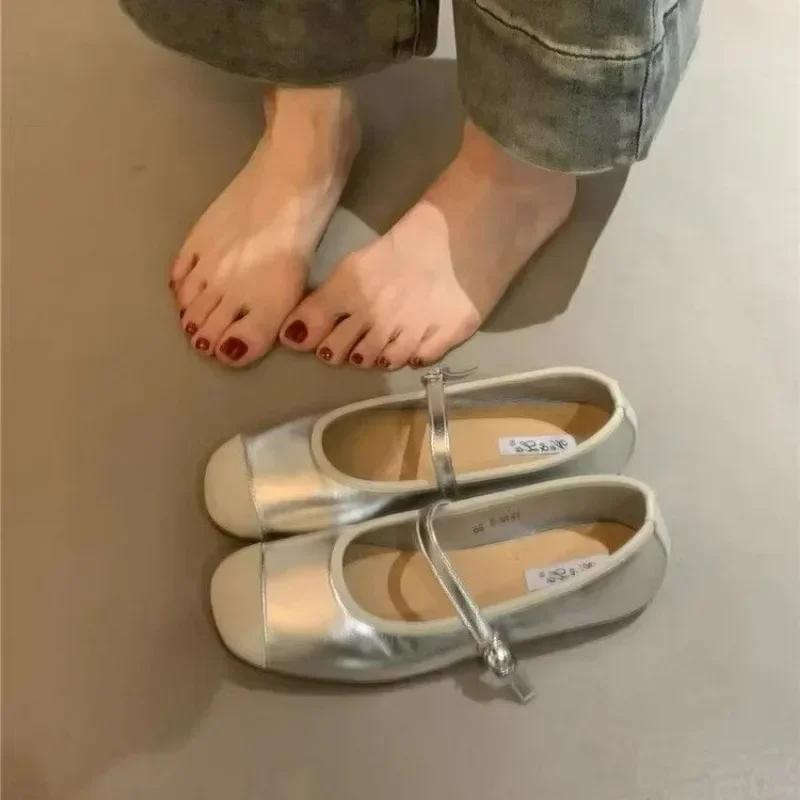 Fashion Designer Silvery Women Ballet Flats 2025 Fashion Ladies Casual Soft Sole Flats Spring Women's Comfort Shallow Ballerina Shoes