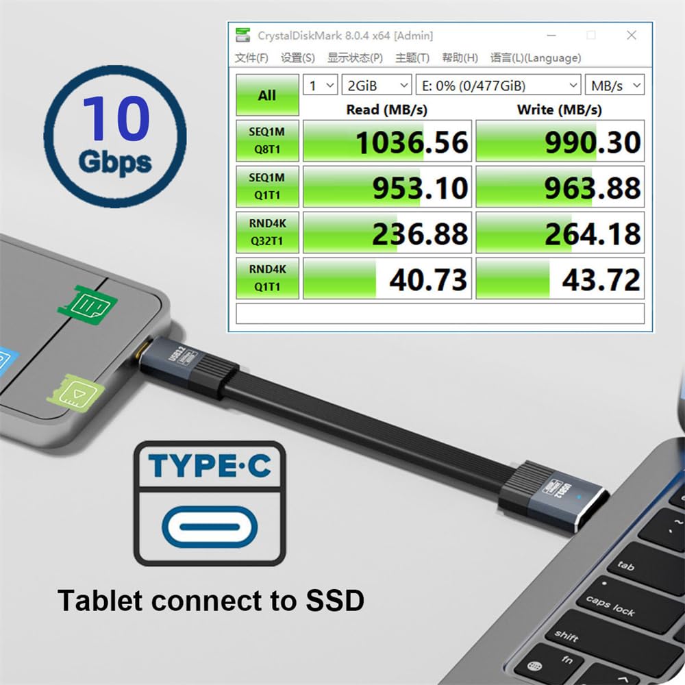 NFHK Cable Male To Male 10Gbps Flat Slim FPC Data Power Cable 5V3A for and Disks USB3.1 Type-A Type-C USB-C Laptops, Phones, (100cm)