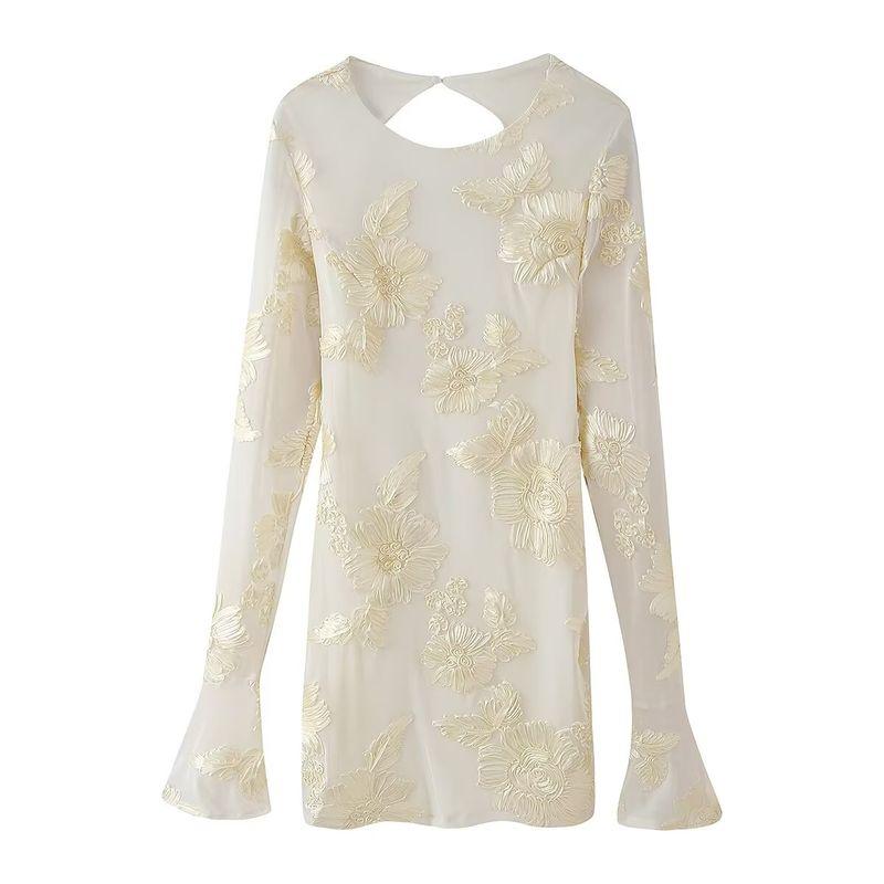 Kaslead New Arrival Women's Clothing Fashion Style Fashion Minimalist Three-Dimensional Plate Flower Long Sleeves Backless Dress