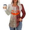 Women's Casual Top Halloween Printed Round Neck Long Sleeved Pleated T-shirt