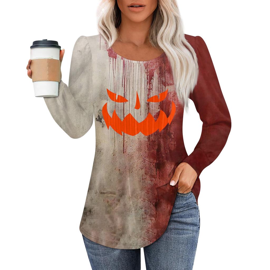 Women's Casual Top Halloween Printed Round Neck Long Sleeved Pleated T-shirt