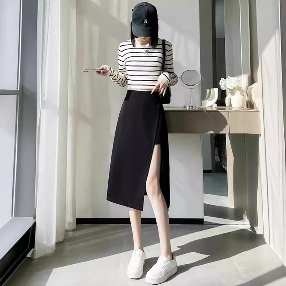 2024 Summer French Irregular Midi Skirt: Hip-Hugging A-Line with Slit Detail