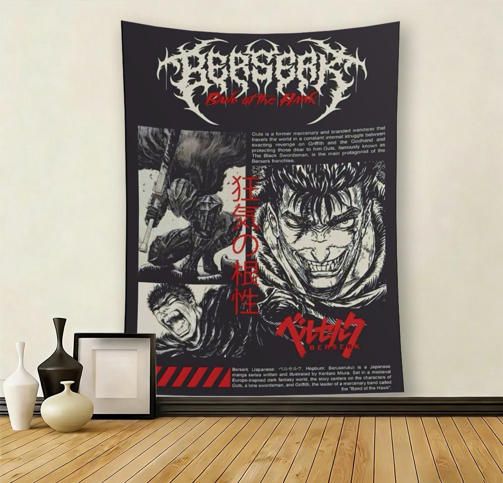 Jmg Household Supplies Unisex Black Berserk Anime Tapestry, Guts Swordsman Retro Manga Print, Durable Polyester Wall Decor For Bedroom Gaming Room Dorm