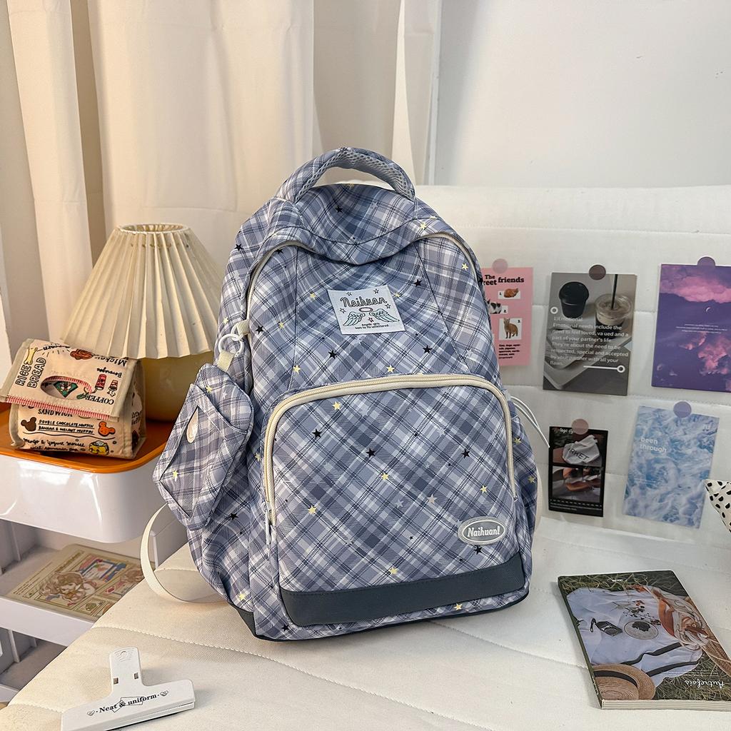 Schoolbag new 1011 plaid junior high school schoolbag girl high value ins style fashion high school student large capacity backpack