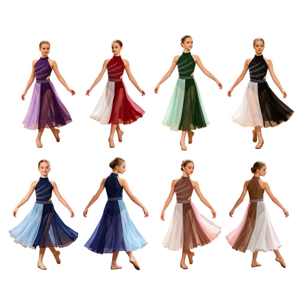 Modern Lyrical Dance Dress for Girls Sleeveless Mock Neck Chiffon Costume with Back Invisible Zipper Rhinestones and Side Split