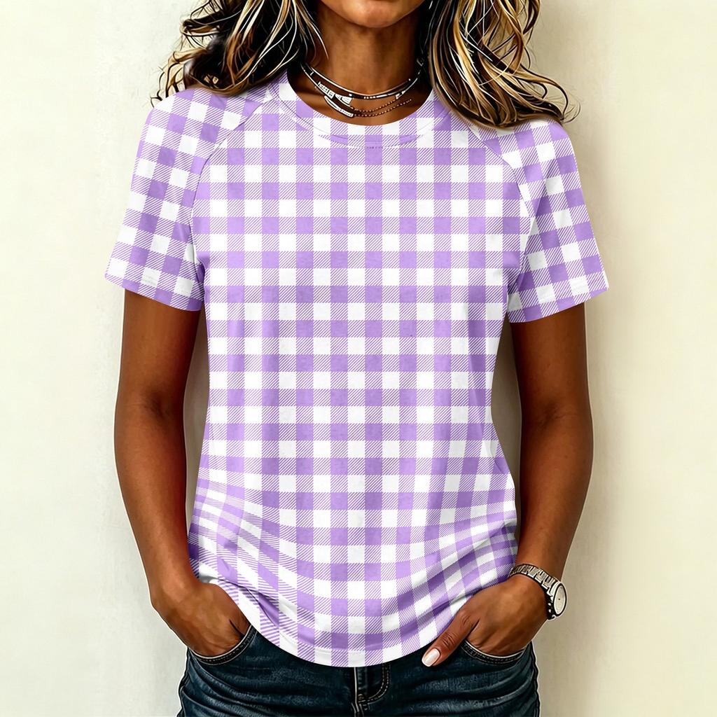 Women's Casual Raglan Sleeve Short Sleeve Top Crew Neck Checkered Print Lightweight Soft Fabric Blouse for Everyday Wear