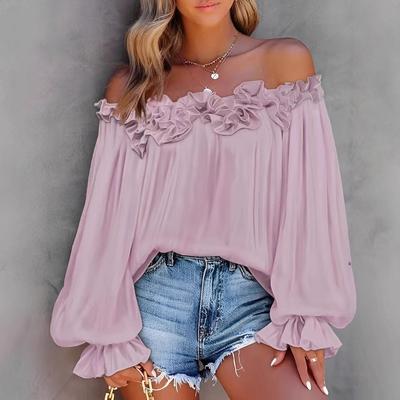 Women's New Elegant Wind Casual One Shoulder Strapless Long Sleeve Ruffle Sleeve Shirt Loose Large Size Tops