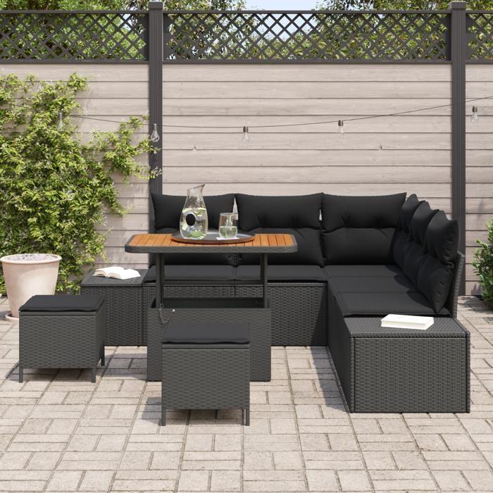 Ensemble de canapé de jardin 8 pièces avec coussins noir poly rattan acacia, Canapé de jardin 2 places avec coussins noir 3362784