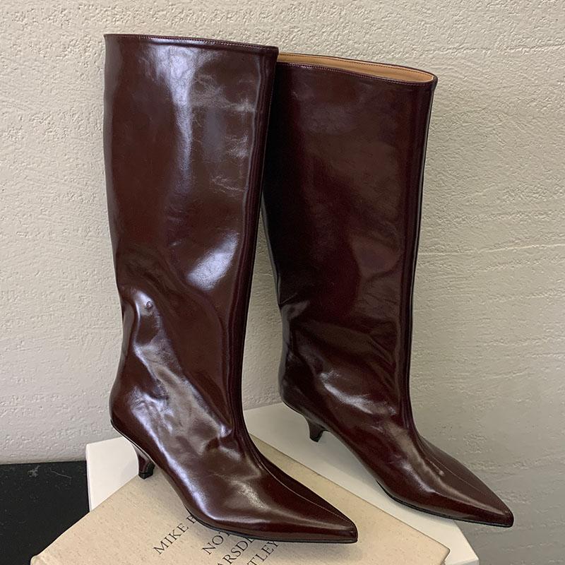 

Модная женская обувь слипоны, современные женские сапоги до колена на низком каблуке, модные женские ботильоны с острым носком в западном стиле 38