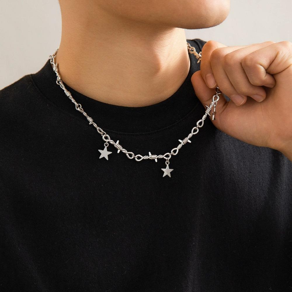 Hip Hop Personality Sliver Color Star Tassel Pendant Thorns Knot Chains Necklace for Women Men Fashion Y2k Collar Chain Jewelry