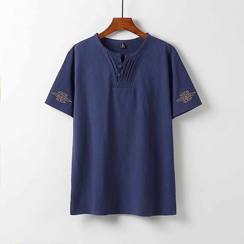 Summer thin linen short-sleeved T-shirt set men's Chinese cotton and linen half-sleeved top retro trend V-neck t-shirt