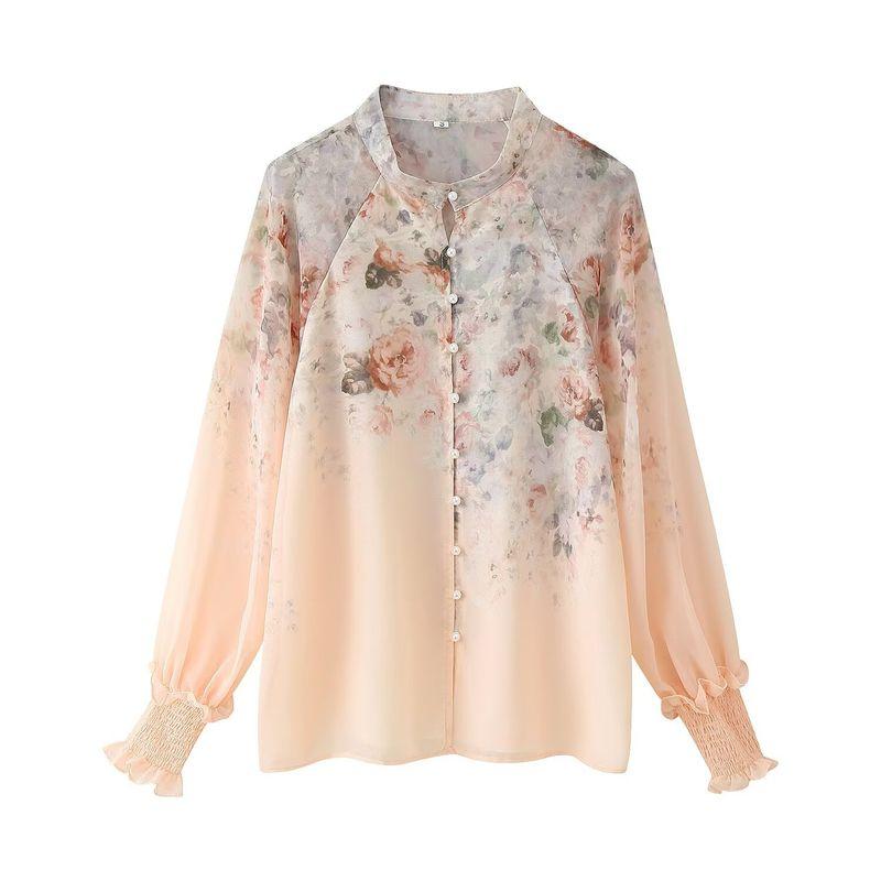 Kaslead New Women Clothes Western Style Fashion Stand Collar Flower Print Long Sleeve Shirts Skirt