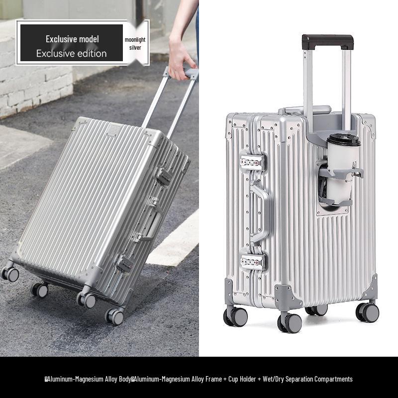 Aluminum-Magnesium Alloy Suitcase with Universal Wheels, 24-Inch Carry-On, Password Lock for Men & Women, Business Travel, 20-Inch Option Available