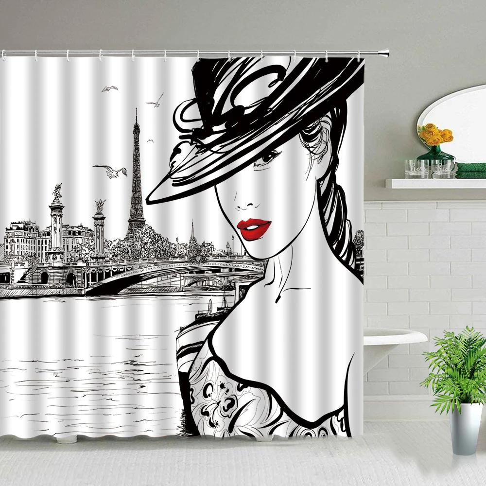 Paris Street Scenery Black And White Design Red Tram Bathroom Shower Curtain Waterproof Bathtub Home Decor Background Curtains