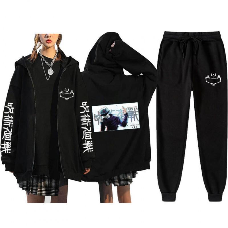Unisex Winter Casual Sport Set With Anime Print Hooded Zip-Up Sweatshirt Jogger Pants Cotton Blend