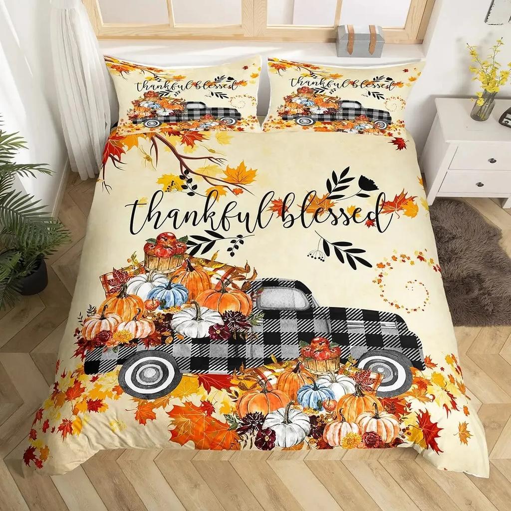 Thanksgiving Pumpkin Duvet Cover Set Maple Leaves Bedding Sets Truck Sunflower Comforter Cover Autumn Harvest Farmhouse Decor