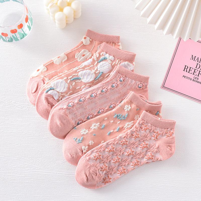 5 Paar Damen Niedliche Blumen 3D-Textur Knöchelsocken Vintage Dünn Niedrig geschnitten Rosa Bootssocken Unsichtbare Liner Socken